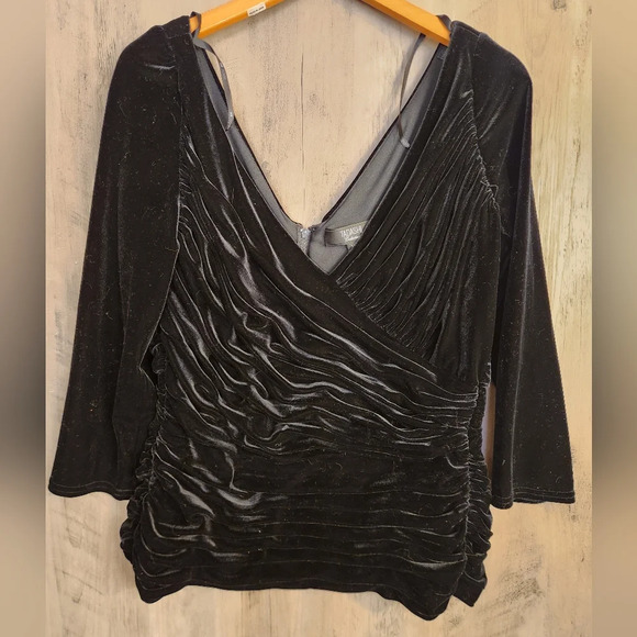 TADASHI Collection Black Velvet 3/4 Sleeves V-Neck Evening Top Size XL - Picture 1 of 9
